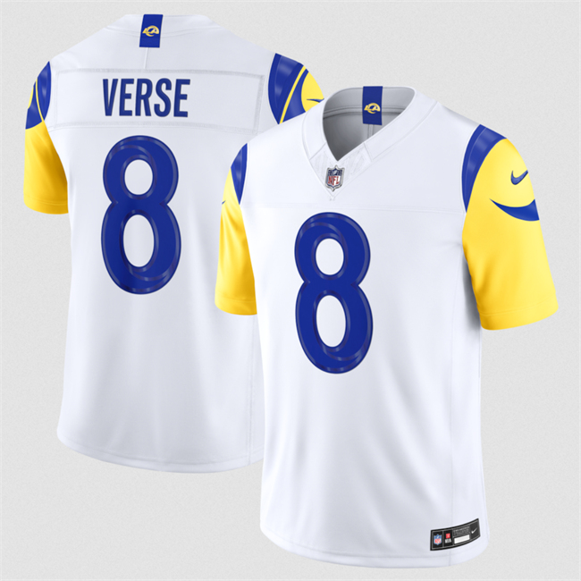 Men's Los Angeles Rams #8 Jared Verse White 2026 F.U.S.E. Vapor Limited Stitched Football Jersey Men's Los Angeles Rams #8 Jared Verse White 2026 F.U.S.E. Vapor Limited Stitched Football Jersey