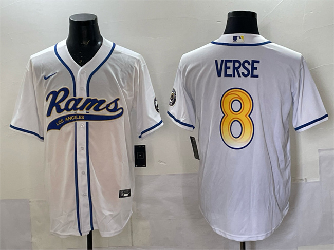 Men's Los Angeles Rams #8 Jared Verse White Cool Base Stitched Baseball Jersey Men's Los Angeles Rams #8 Jared Verse White Cool Base Stitched Baseball Jersey