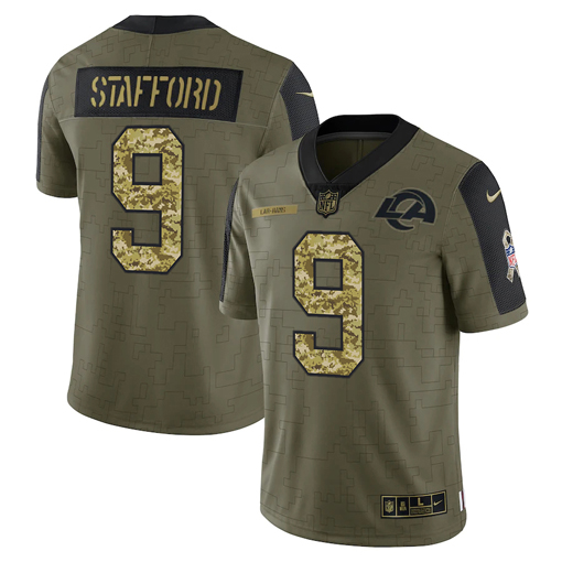 Men's Los Angeles Rams #9 Matthew Stafford 2021 Olive Camo Salute To Service Limited Stitched Jersey Men's Los Angeles Rams #9 Matthew Stafford 2021 Olive Camo Salute To Service Limited Stitched Jersey