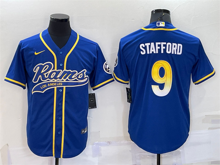 Men's Los Angeles Rams #9 Matthew Stafford Royal With Patch Cool Base Stitched Baseball Jersey Men's Los Angeles Rams #9 Matthew Stafford Royal With Patch Cool Base Stitched Baseball Jersey