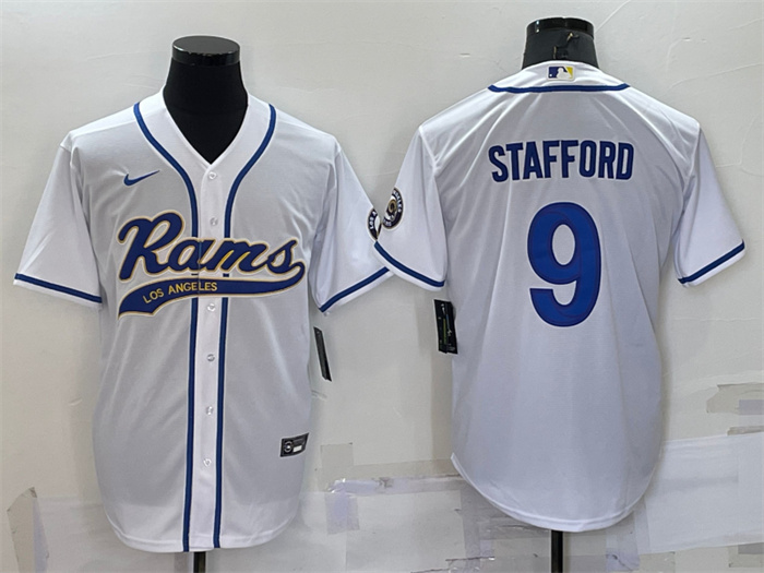 Men's Los Angeles Rams #9 Matthew Stafford White With Patch Cool Base Stitched Baseball Jersey Men's Los Angeles Rams #9 Matthew Stafford White With Patch Cool Base Stitched Baseball Jersey