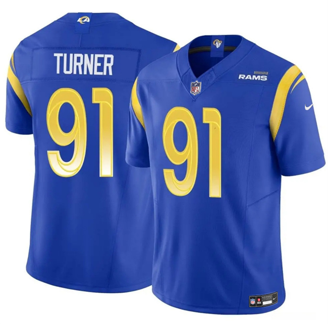 Men's Los Angeles Rams #91 Kobie Turner Blue 2025 F.U.S.E. Vapor Untouchable Stitched Football Jersey Men's Los Angeles Rams #91 Kobie Turner Blue 2025 F.U.S.E. Vapor Untouchable Stitched Football Jersey