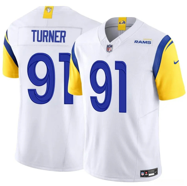 Men's Los Angeles Rams #91 Kobie Turner White 2025 F.U.S.E. Vapor Untouchable Stitched Football Jersey Men's Los Angeles Rams #91 Kobie Turner White 2025 F.U.S.E. Vapor Untouchable Stitched Football Jersey