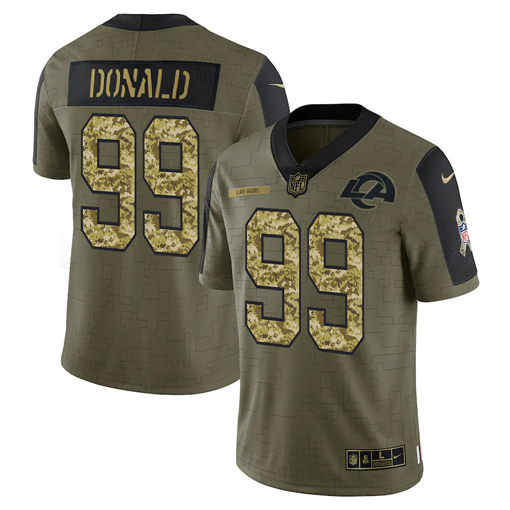 Men's Los Angeles Rams #99 Aaron Donald 2021 Olive Camo Salute To Service Limited Stitched Jersey Men's Los Angeles Rams #99 Aaron Donald 2021 Olive Camo Salute To Service Limited Stitched Jersey
