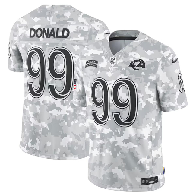 Men's Los Angeles Rams #99 Aaron Donald 2024 Arctic Camo Salute To Service Limited Stitched Football Jersey Men's Los Angeles Rams #99 Aaron Donald 2024 Arctic Camo Salute To Service Limited Stitched Football Jersey
