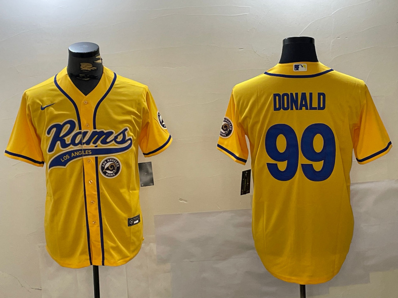 Men's Los Angeles Rams #99 Aaron Donald yellow Cool Base Stitched Baseball Jersey 3 Men's Los Angeles Rams #99 Aaron Donald yellow Cool Base Stitched Baseball Jersey 3