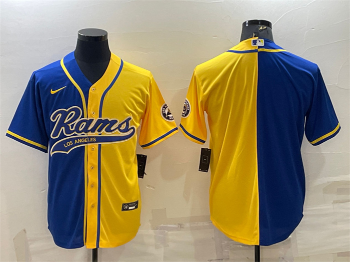 Men's Los Angeles Rams Blank Royal Yellow Split With Patch Cool Base Stitched Baseball Jersey Men's Los Angeles Rams Blank Royal Yellow Split With Patch Cool Base Stitched Baseball Jersey