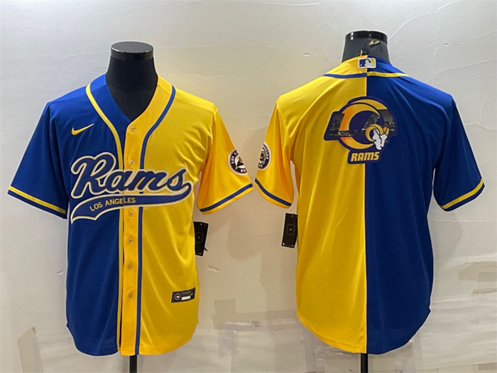 Men's Los Angeles Rams Royal Yellow Split Team Big Logo With Patch Cool Base Stitched Baseball Jersey Men's Los Angeles Rams Royal Yellow Split Team Big Logo With Patch Cool Base Stitched Baseball Jersey