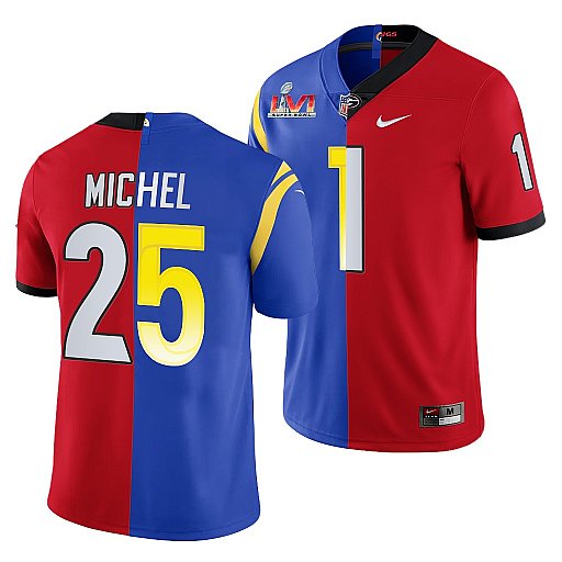 Men's Los Angeles Rams X Georgia Bulldogs #25 Sony Michel Red Royal Split Super Bowl LVI Stitched Jersey Men's Los Angeles Rams X Georgia Bulldogs #25 Sony Michel Red Royal Split Super Bowl LVI Stitched Jersey