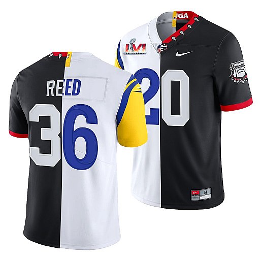 Men's Los Angeles Rams X Georgia Bulldogs #36 J.R. Reed Black White Split Super Bowl LVI Stitched Jersey Men's Los Angeles Rams X Georgia Bulldogs #36 J.R. Reed Black White Split Super Bowl LVI Stitched Jersey