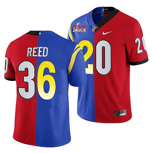 Men's Los Angeles Rams X Georgia Bulldogs #36 J.R. Reed Red Royal Split Super Bowl LVI Stitched Jersey Men's Los Angeles Rams X Georgia Bulldogs #36 J.R. Reed Red Royal Split Super Bowl LVI Stitched Jersey