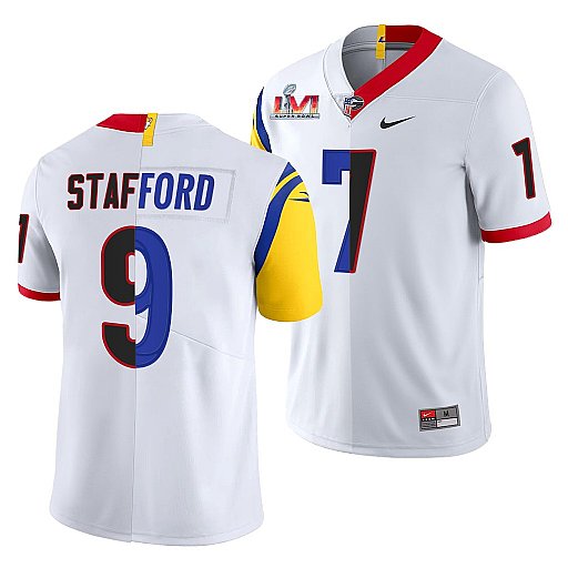 Men's Los Angeles Rams X Georgia Bulldogs #9 Matthew Stafford White Split Super Bowl LVI Stitched Jersey Men's Los Angeles Rams X Georgia Bulldogs #9 Matthew Stafford White Split Super Bowl LVI Stitched Jersey