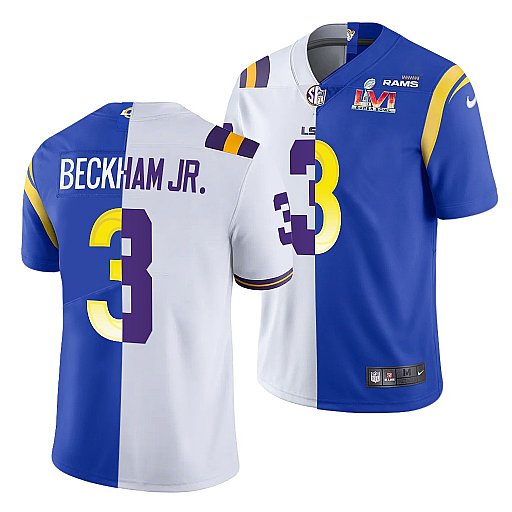 Men's Los Angeles Rams X LSU Tigers #3 Odell Beckham Jr. White Royal Split Super Bowl LVI Stitched Jersey Men's Los Angeles Rams X LSU Tigers #3 Odell Beckham Jr. White Royal Split Super Bowl LVI Stitched Jersey