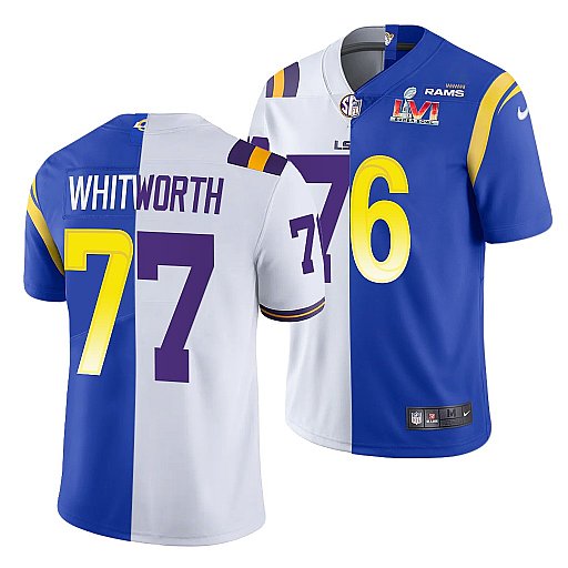 Men's Los Angeles Rams X LSU Tigers #77 Matthew Stafford White Royal Split Super Bowl LVI Stitched Jersey Men's Los Angeles Rams X LSU Tigers #77 Matthew Stafford White Royal Split Super Bowl LVI Stitched Jersey