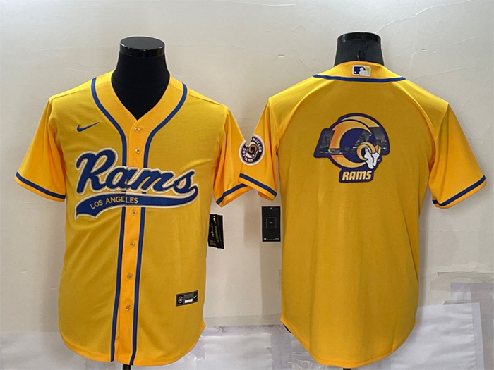Men's Los Angeles Rams Yellow Team Big Logo With Patch Cool Base Stitched Baseball Jersey Men's Los Angeles Rams Yellow Team Big Logo With Patch Cool Base Stitched Baseball Jersey