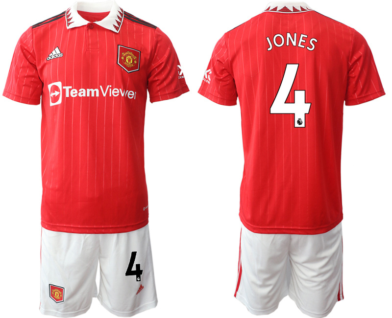 Men's Manchester United #4 Jones 22 23 Red Home Soccer Jersey Suit