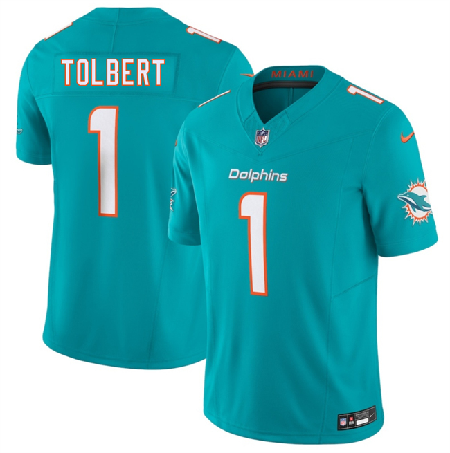 Men's Miami Dolphins #1 Jalen Tolbert Aqua 2026 F.U.S.E. Vapor Limited Stitched Football Jersey Men's Miami Dolphins #1 Jalen Tolbert Aqua 2026 F.U.S.E. Vapor Limited Stitched Football Jersey