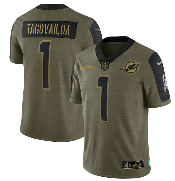 Men's Miami Dolphins #1 Tua Tagovailoa 2021 Olive Salute To Service Limited Stitched Jersey Men's Miami Dolphins #1 Tua Tagovailoa 2021 Olive Salute To Service Limited Stitched Jersey