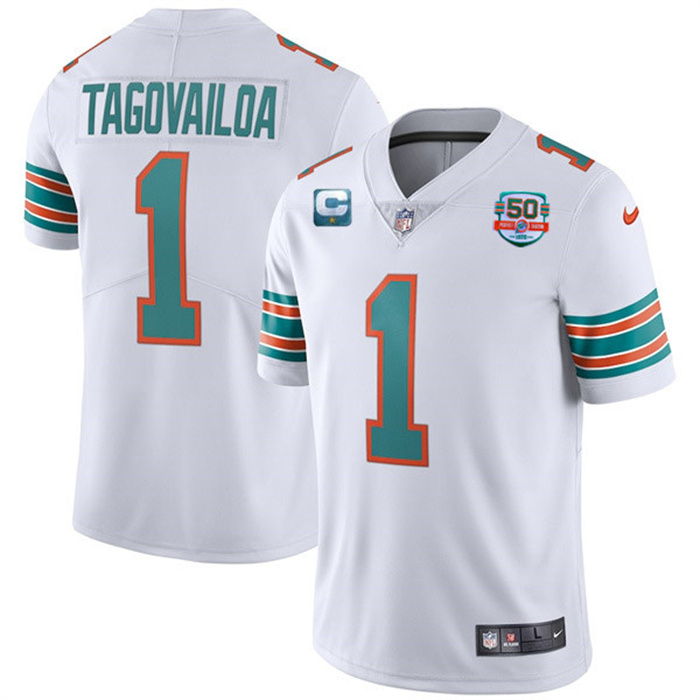Men's Miami Dolphins #1 Tua Tagovailoa 2022 Aqua With 50th Perfect Season C Patch Limited Stitched Jersey