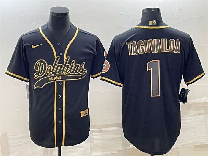 Men's Miami Dolphins #1 Tua Tagovailoa Black Gold With Patch Cool Base Stitched Baseball Jersey Men's Miami Dolphins #1 Tua Tagovailoa Black Gold With Patch Cool Base Stitched Baseball Jersey