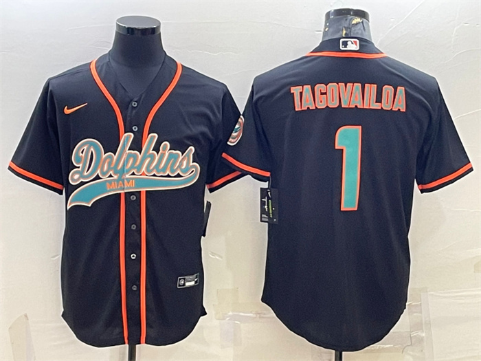 Men's Miami Dolphins #1 Tua Tagovailoa Black With Patch Cool Base Stitched Baseball Jersey Men's Miami Dolphins #1 Tua Tagovailoa Black With Patch Cool Base Stitched Baseball Jersey
