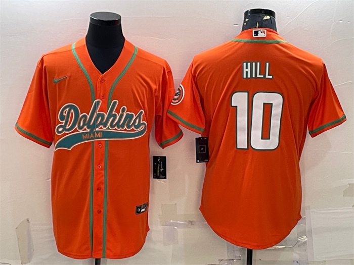 Men's Miami Dolphins #10 Tyreek Hill Orange With Patch Cool Base Stitched Baseball Jersey Men's Miami Dolphins #10 Tyreek Hill Orange With Patch Cool Base Stitched Baseball Jersey