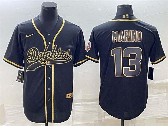 Men's Miami Dolphins #13 Dan Marino Black Gold With Patch Cool Base Stitched Baseball Jersey Men's Miami Dolphins #13 Dan Marino Black Gold With Patch Cool Base Stitched Baseball Jersey