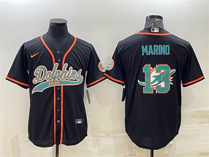 Men's Miami Dolphins #13 Dan Marino Black Team Big Logo With Patch Cool Base Stitched Baseball Jersey Men's Miami Dolphins #13 Dan Marino Black Team Big Logo With Patch Cool Base Stitched Baseball Jersey