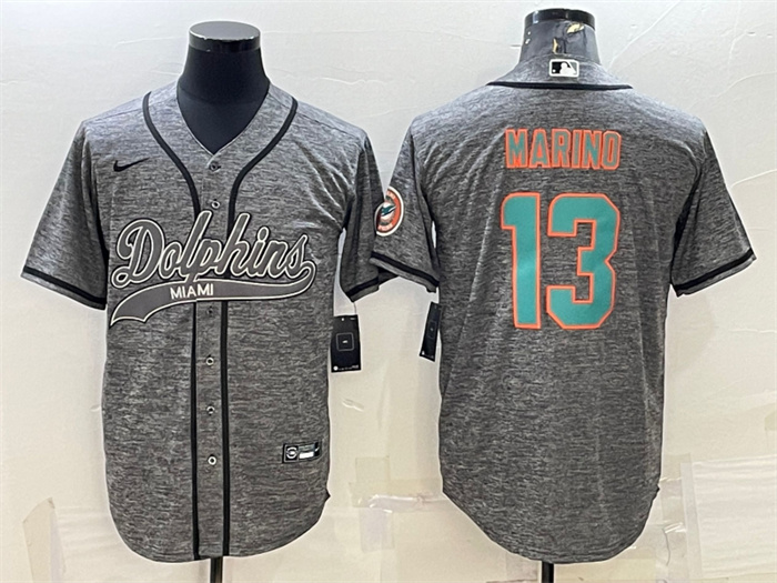 Men's Miami Dolphins #13 Dan Marino Grey With Patch Cool Base Stitched Baseball Jersey Men's Miami Dolphins #13 Dan Marino Grey With Patch Cool Base Stitched Baseball Jersey