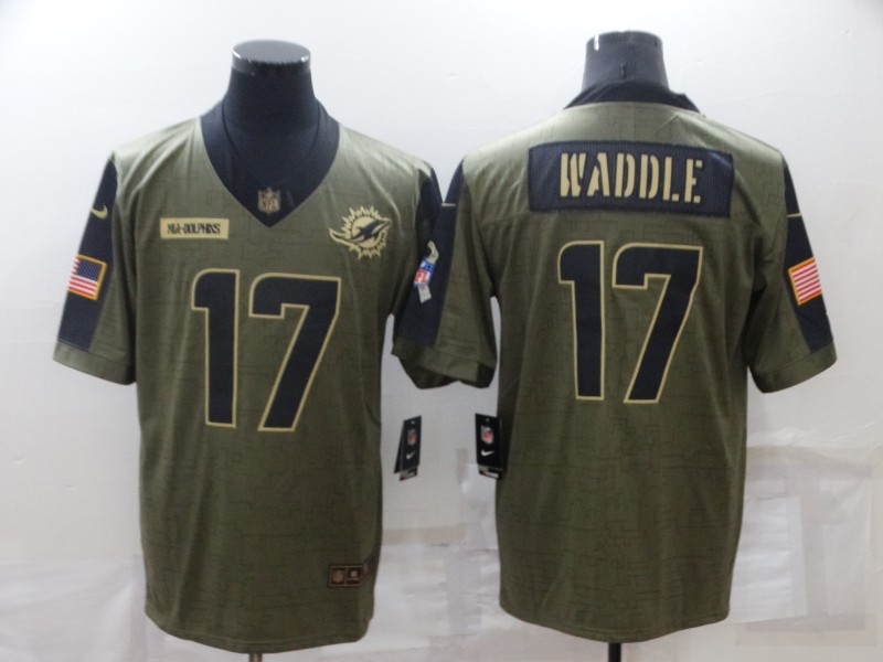 Men's Miami Dolphins #17 Jaylen Waddle 2021 Olive Salute To Service Limited Stitched Jersey Men's Miami Dolphins #17 Jaylen Waddle 2021 Olive Salute To Service Limited Stitched Jersey