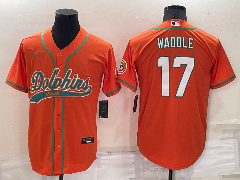 Men's Miami Dolphins #17 Jaylen Waddle Orange Cool Base Stitched Baseball Jersey Men's Miami Dolphins #17 Jaylen Waddle Orange Cool Base Stitched Baseball Jersey