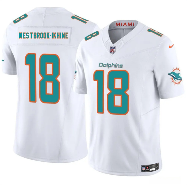 Men's Miami Dolphins #18 Nick Westbrook-Ikhine White 2025 F.U.S.E. Vapor Limited Stitched Football Jersey Men's Miami Dolphins #18 Nick Westbrook-Ikhine White 2025 F.U.S.E. Vapor Limited Stitched Football Jersey