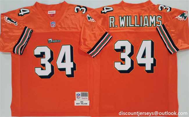 Men's Miami Dolphins #34 Ricky Williams Orange Throwback Stitched Football Jersey Men's Miami Dolphins #34 Ricky Williams Orange Throwback Stitched Football Jersey