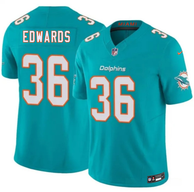 Men's Miami Dolphins #36 Donovan Edwards Aqua 2026 F.U.S.E. Vapor Limited Stitched Football Jersey Men's Miami Dolphins #36 Donovan Edwards Aqua 2026 F.U.S.E. Vapor Limited Stitched Football Jersey