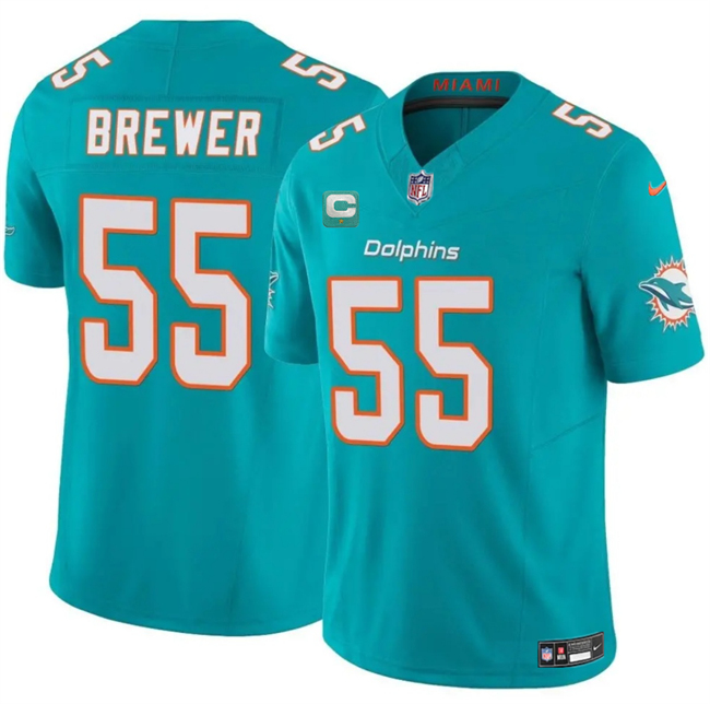 Men's Miami Dolphins #55 Aaron Brewer Aqua 2025 F.U.S.E. With 1-Star C Patch Vapor Limited Stitched Football Jersey Men's Miami Dolphins #55 Aaron Brewer Aqua 2025 F.U.S.E. With 1-Star C Patch Vapor Limited Stitched Football Jersey