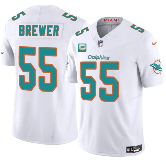 Men's Miami Dolphins #55 Aaron Brewer White 2025 F.U.S.E. With 1-Star C Patch Vapor Limited Stitched Football Jersey Men's Miami Dolphins #55 Aaron Brewer White 2025 F.U.S.E. With 1-Star C Patch Vapor Limited Stitched Football Jersey