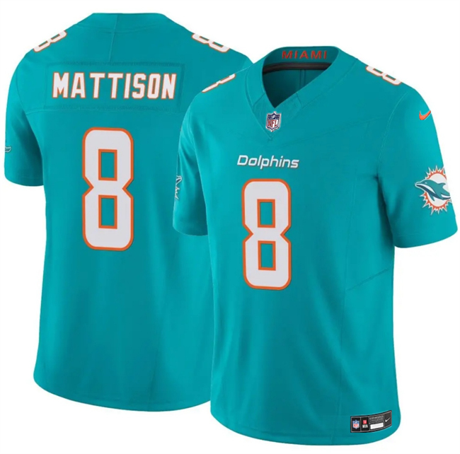 Men's Miami Dolphins #8 Alexander Mattison Aqua 2025 F.U.S.E. Vapor Limited Stitched Football Jersey Men's Miami Dolphins #8 Alexander Mattison Aqua 2025 F.U.S.E. Vapor Limited Stitched Football Jersey