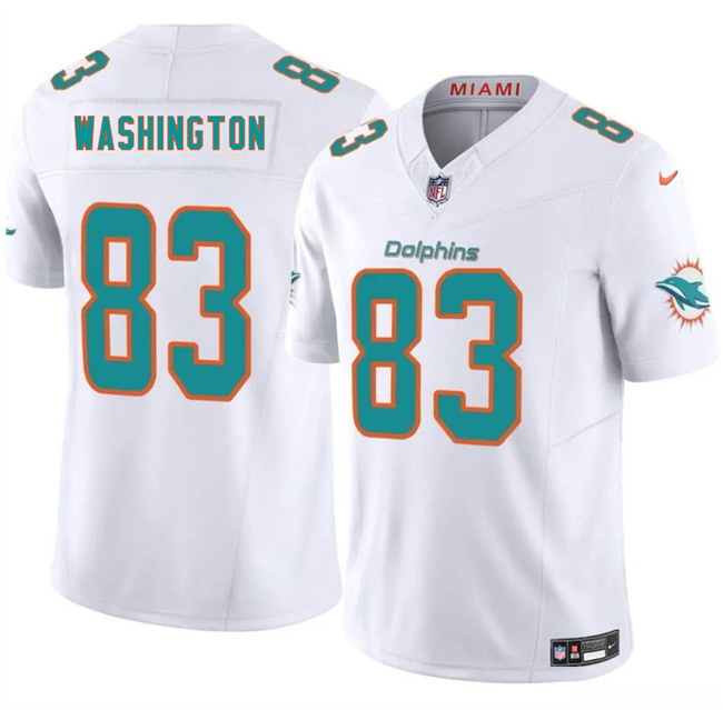 Men's Miami Dolphins #83 Tahj Washington White 2025 F.U.S.E. Vapor Limited Stitched Football Jersey Men's Miami Dolphins #83 Tahj Washington White 2025 F.U.S.E. Vapor Limited Stitched Football Jersey