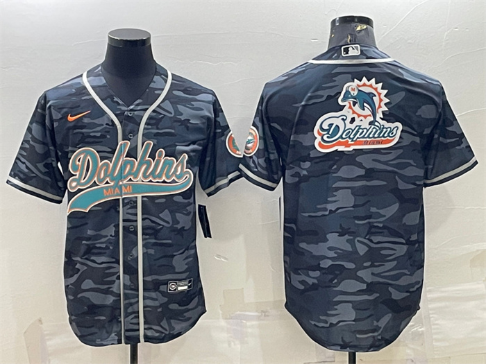 Men's Miami Dolphins Grey Camo Team Big Logo With Patch Cool Base Stitched Baseball Jersey Men's Miami Dolphins Grey Camo Team Big Logo With Patch Cool Base Stitched Baseball Jersey