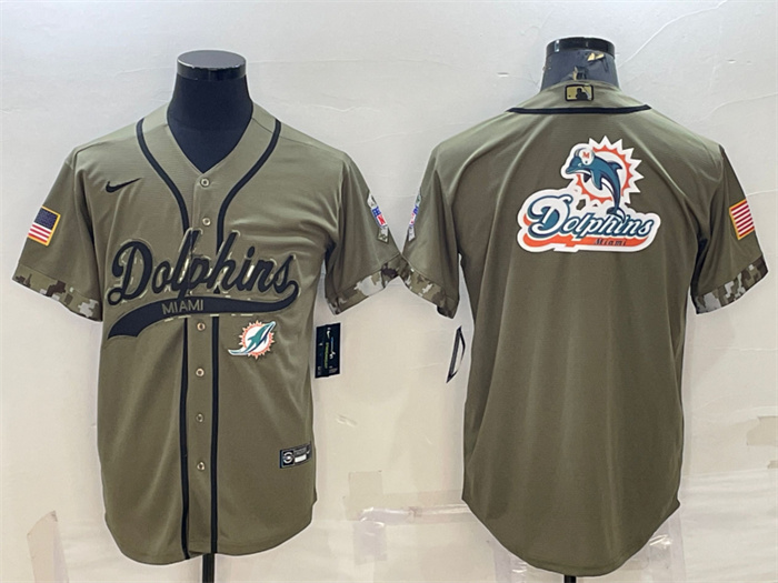 Men's Miami Dolphins Olive 2022 Salute To Service Team Big Logo Cool Base Stitched Baseball Jersey 001 Men's Miami Dolphins Olive 2022 Salute To Service Team Big Logo Cool Base Stitched Baseball Jersey 001