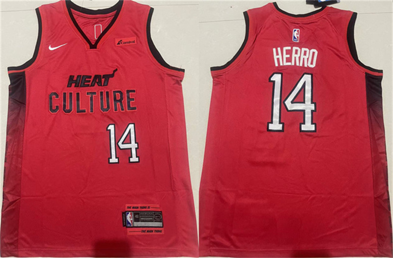 Men's Miami Heat #14 Tyler Herro Red 2024-25 City Edition Stitched Basketball Jersey Men's Miami Heat #14 Tyler Herro Red 2024-25 City Edition Stitched Basketball Jersey