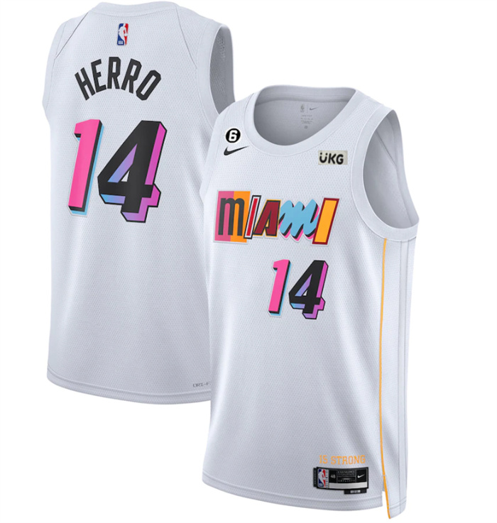 Men's Miami Heat #14 Tyler Herro White 2022 23 City Edition With NO.6 Patch Stitched Jersey Men's Miami Heat #14 Tyler Herro White 2022 23 City Edition With NO.6 Patch Stitched Jersey