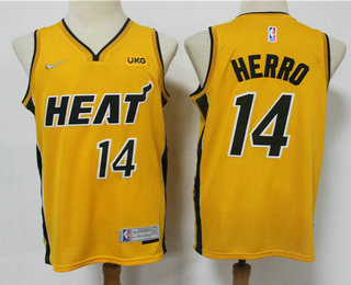 Men's Miami Heat #14 Tyler Herro Yellow Nike Swingman 2021 Earned Edition Stitched Jersey With NEW Sponsor Logo Men's Miami Heat #14 Tyler Herro Yellow Nike Swingman 2021 Earned Edition Stitched Jersey With NEW Sponsor Logo