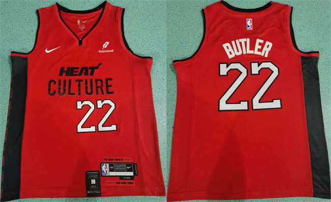 Men's Miami Heat #22 Jimmy Butler Red 2024 City Edition Stitched Basketball Jersey1 Men's Miami Heat #22 Jimmy Butler Red 2024 City Edition Stitched Basketball Jersey1