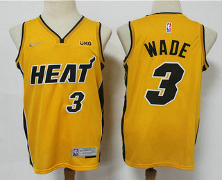 Men's Miami Heat #3 Dwyane Wade Yellow Nike Swingman 2021 Earned Edition Stitched Jersey With NEW Sponsor Logo Men's Miami Heat #3 Dwyane Wade Yellow Nike Swingman 2021 Earned Edition Stitched Jersey With NEW Sponsor Logo