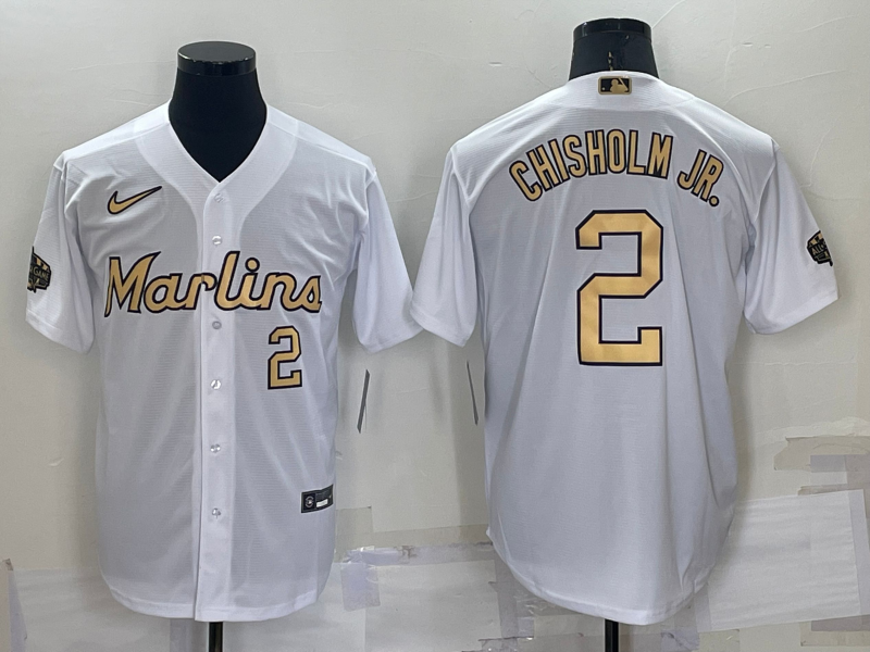 Men's Miami Marlins #2 Jazz Chisholm Jr. 2022 All-Star White Cool Base Stitched Baseball Jersey Men's Miami Marlins #2 Jazz Chisholm Jr. 2022 All-Star White Cool Base Stitched Baseball Jersey