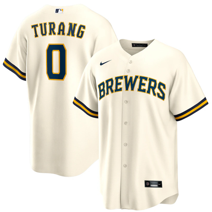 Men's Milwaukee Brewers #0 Brice Turang Cream Cool Base Stitched Jersey Men's Milwaukee Brewers #0 Brice Turang Cream Cool Base Stitched Jersey