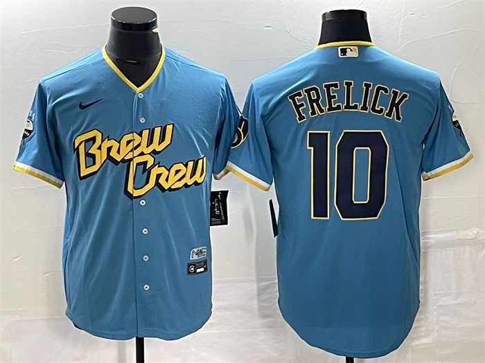 Men's Milwaukee Brewers #10 Sal Frelick 2022 Powder Blue City Connect Cool Base Stitched Jersey Men's Milwaukee Brewers #10 Sal Frelick 2022 Powder Blue City Connect Cool Base Stitched Jersey