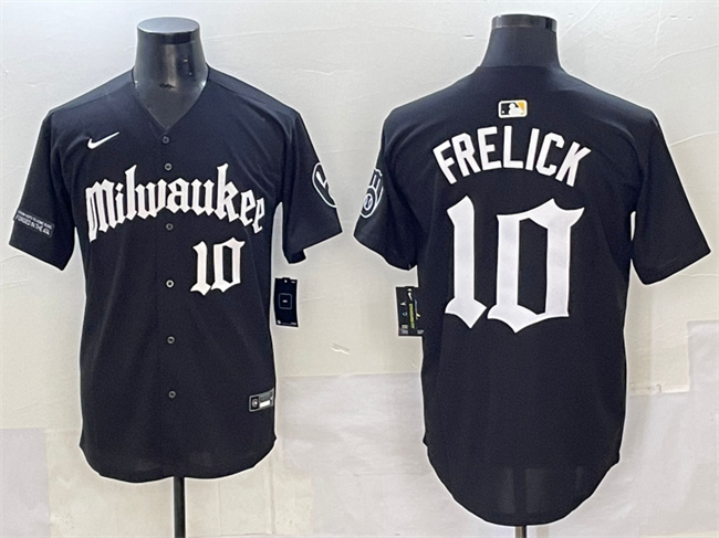 Men's Milwaukee Brewers #10 Sal Frelick Black 'Gothic 414 Shadows Edition' Vapor Premier Limited Stitched Jersey Men's Milwaukee Brewers #10 Sal Frelick Black 'Gothic 414 Shadows Edition' Vapor Premier Limited Stitched Jersey