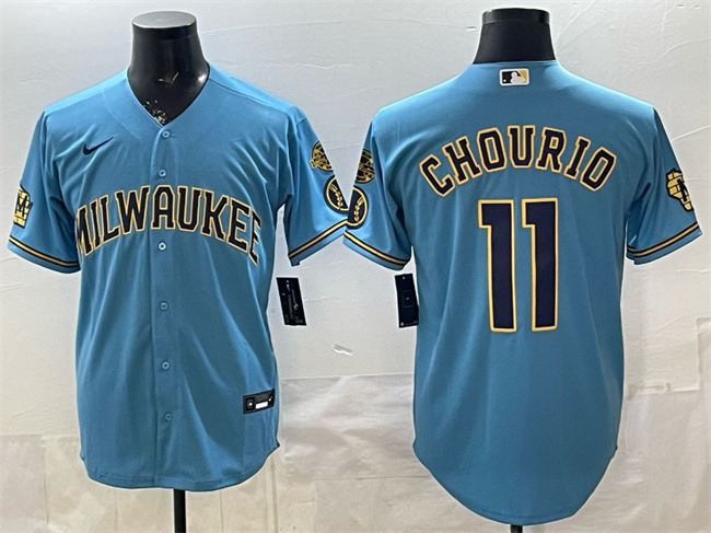 Men's Milwaukee Brewers #11 Jackson Chourio Blue With Home & Bob Uecker Patch Stitched Baseball Jersey Men's Milwaukee Brewers #11 Jackson Chourio Blue With Home & Bob Uecker Patch Stitched Baseball Jersey